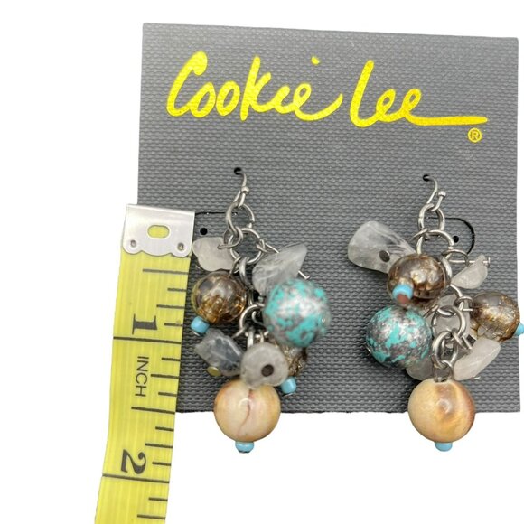 Vintage Cookie Lee Earrings Multicolored Bead Cluster Silver Tone Teal Brown NEW - Picture 6 of 6